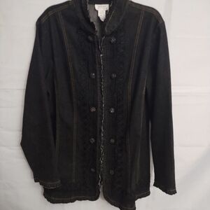 Daniel Kiviat Black Denim Jacket Ruffle Embroidery Rhinestone Detail Snap Close